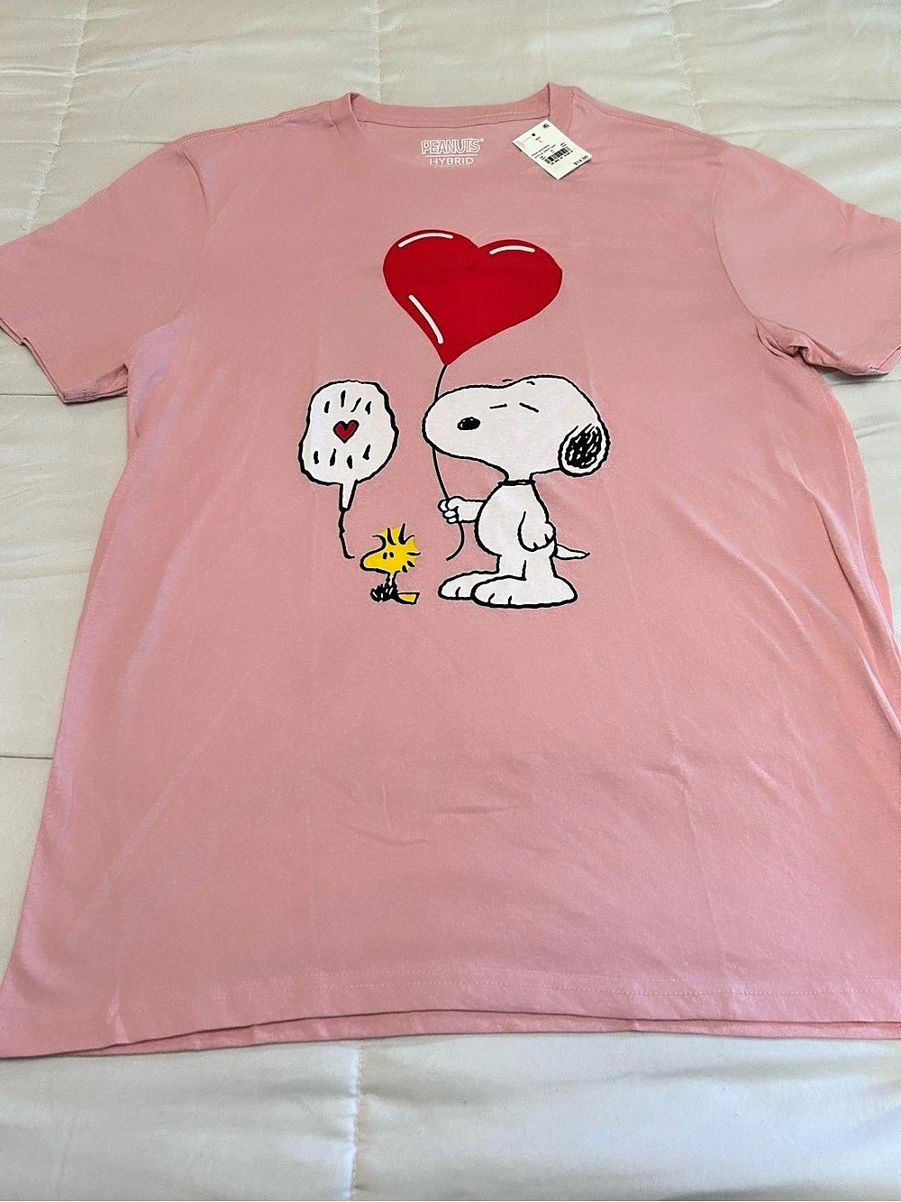 Peanuts Snoopy & Woodstock Heart Balloon Graphic T-Shirt Tee Pink & Red Large